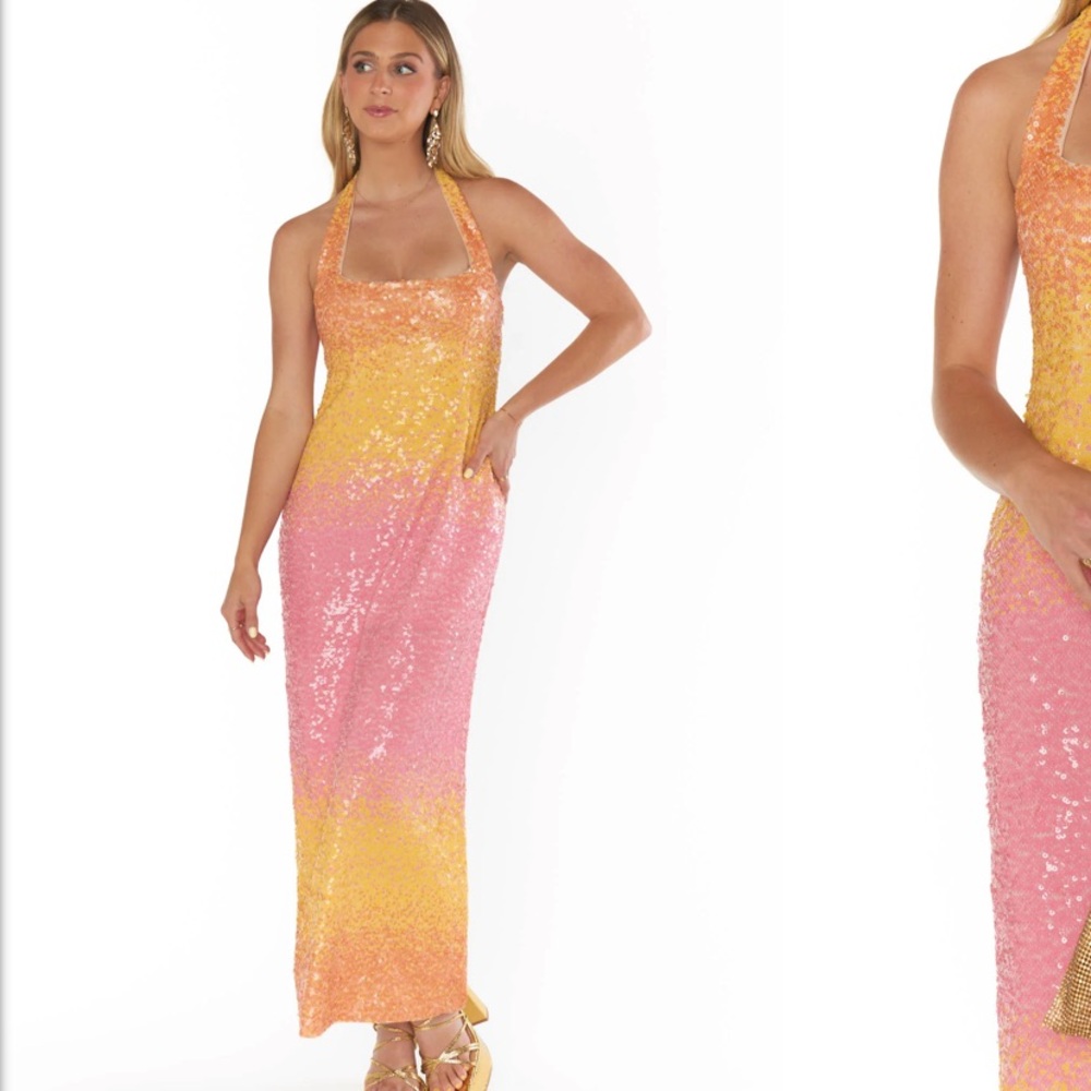 Show Me Your MuMu Sequin Ombre Halter Midi Dress in Pink and Yellow